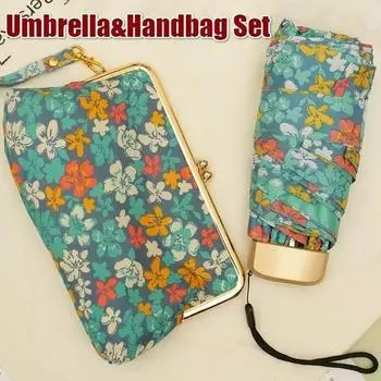 Women Ultralight Mini Flat Handle Five Fold Umbrella Floral Sunny and Rainy Umbrella Rain & Storage Handbag белый