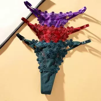 Women Underpants See-through Low-waist Applique Pornographic Slutty Adjustable No Constraint Flower