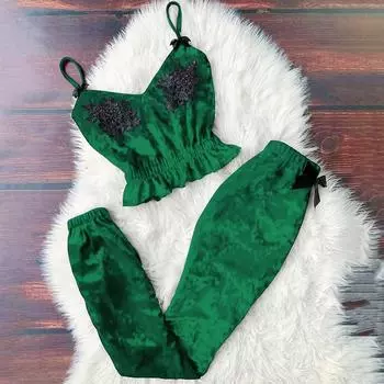 Women V-Neck Eyelash Beaded Sexy Stain Camisole Pajamas Bowknot Pants Set L