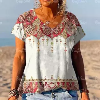 Женские футболки с v-образным вырезом, повседневный пуловер в национальном стиле, ретро-принт, футболка большого размера с короткими рукавами, женская летняя одежда 2024 XL