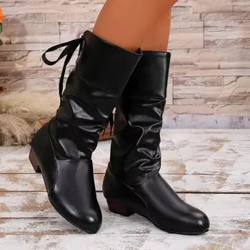 Women Versatile Boots Mid Calf Rear Lacing Low Heeled Boots Chunky Heel Platform Boots Women Long Western Shoes Botas Mujer 2024 35 чёрный