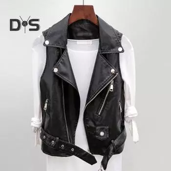 Женский жилет, пальто из искусственной кожи, гладкая поверхность, декорированный пояс, отложной воротник, застежка-молния, без рукавов, карманы на молнии, ретро-жилет для мотоциклистов, для поездок на работу и путешествий M чёрный