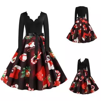 Женское винтажное платье с длинным рукавом в стиле рождественской вечеринки 1950-х годов для домохозяйки XXXL чёрный