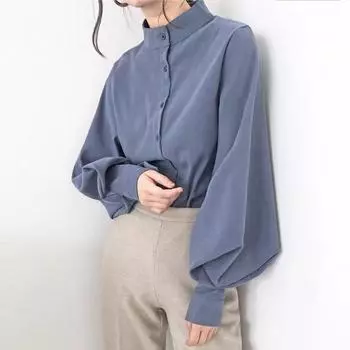Women Vintage Shirt with Stand Collar,Lantern Sleeves, Single-Row Button, Office Graceful Top, Trendy, Black, Spring/Autumn XXXL белый