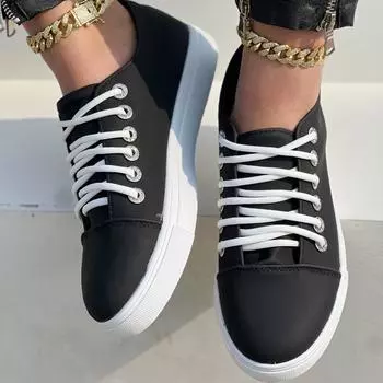 Women Vulcanized Shoes 2024 New Outdoor Platform Casual Shoes Female Pu Leather Fashion Sneakers Woman Wedge Flats Sports Shoes 36( insole 23cm) чёрный