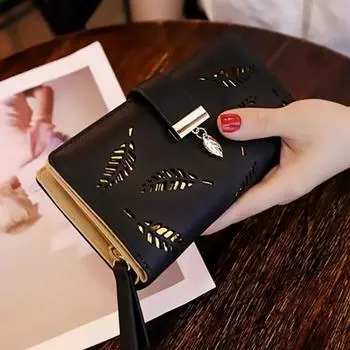 Women Wallet PU Leather Purse Female Long Wallet Gold Hollow Leaves Pouch Handbag For Women Coin Purse Card Holders Clutch чёрный