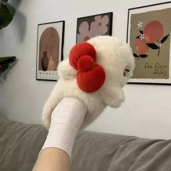 Женские теплые пушистые тапочки, зимние домашние тапочки, мягкие плюшевые нескользящие тапочки для девочек с милым бантом, теплые легкие домашние тапочки из хлопка 36-37 кремовый