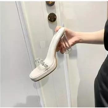 Women wear Internet celebrity high heels 2025 summer new sexy word with transparent sandals crystal thick heel cool slippers 35