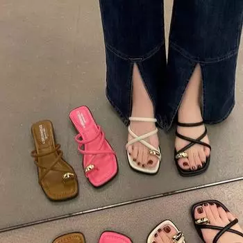 Women wearing sandals in the summer of 2024 new casual thick heel Roman sandals women s toes Internet celebrity low heel beach models 35 чёрный