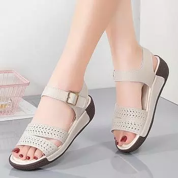 Женские туфли на танкетке на плоской подошве, женские повседневные летние тапочки из коровьей кожи на платформе с пряжкой, женские сандалии 41