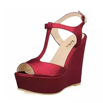 Женские босоножки на танкетке Новые летние 14 см С открытым носком Сексуальный ремешок на щиколотке Высокий каблук Лакированная кожа Туфли на платформе Вечерние Свадебные туфли 35