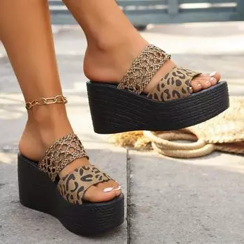Women Wedge Slippers High Heels Peep ToeL Eopard Platform Sandals Ladies Thick Sole Summer Slides Women Shoes Zapatillas Mujer 34 чёрный