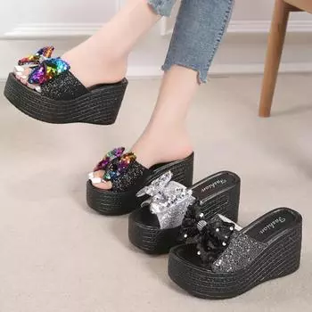 Women Wedge Slippers Summer 2024 New Women sandals Beach Flip Flops Trend High Heels Slippers Ladies Pumps Platform Slides Women 34 чёрный