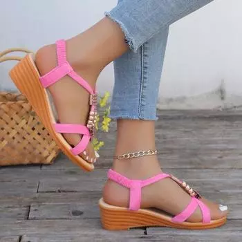 Women Wedges Sandals 2024 Summer New Fashion Sexy Beach Flats Sandals Woman Comfort Casual Comfortable Elegant Shoes for Women 35 бежевый