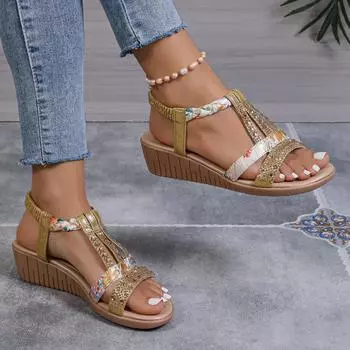 Women Wedges Sandals Summer Bohemia Rhinestones Casual Platform Sandals Female Peep Toe Outdoor Beach Shoes Sandalias De Mujer 35 небесно-голубой