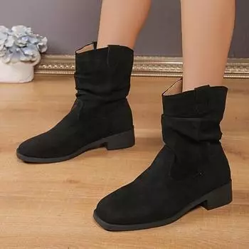 Women Western Boots Retro Slip-on Ladies Short Boots Pleated Cow Suede Leather Chucky Heels Shoes Cowboy Boots Winter New 35 чёрный