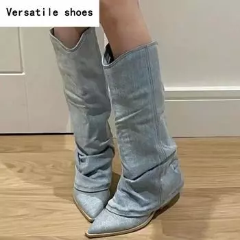 Женские ковбойские сапоги в стиле вестерн, модные длинные ботинки на толстом каблуке в стиле ретро, осенне-зимние женские джинсовые туфли 35