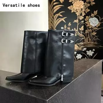 Женские западные ковбойские ботильоны Модные ботильоны до середины икры на молнии сбоку Ретро стиль Осенние женские туфли на толстом каблуке 35