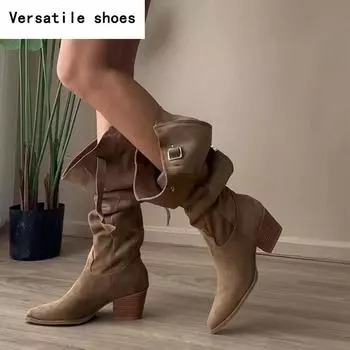 Женские сапоги до колена в ковбойском стиле, модные туфли с острым носком, осень-зима, на толстом каблуке, женские, лаконичные, длинные, рыцарские, Botas De Mujer 35