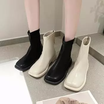 Women White Mid Calf Boots Low Heel Elasticity Ankle Boots Woman Winter Fashion Autumn 2024 Chelsea Booties Ladies Shoes 35 чёрный