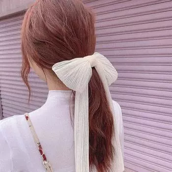 Women White Simple Hairpin Chiffon Mesh Big Bowknot Ribbon Hairband Clip Lady Girls Spring Clip Long