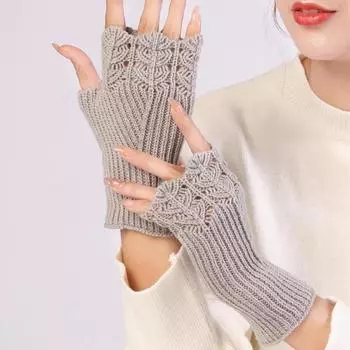 Women Winter Fingerless Gloves Warm Soft Wool Knitted Elegant Wrist Arm Hand Half Finger Elastic Short Gloves One Size белый