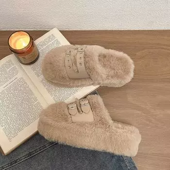Women Winter Home Thick Sole Slippers Ladies Casual Slip on Fluffy Plush Lined Shoes Comfortable Indoor Home Slippers Size 34-40 35 хаки