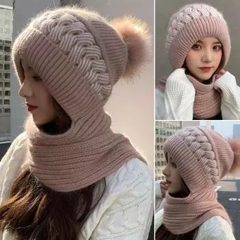 Women Winter Hood Beanies Thick Woolen Knitted Hat+Scarf Fur Pompom Crochet Bonnet Outdoor Ski Female Skullies Cap Warm Headgear