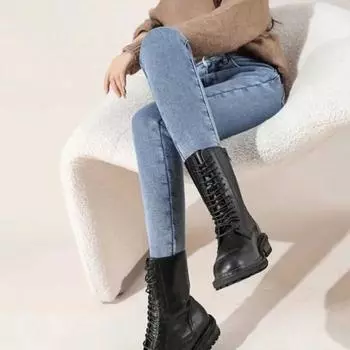 Женские зимние плюшевые джинсы с высокой талией и подкладкой из плотного бархата, облегающие, карандаш 29 серый/синий