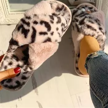 Women Winter Slipper Flat Sexy Leopard Home Slippers Ladies Indoor Shoes Fur Warm Slip On Female Slides Plush Plus Size dfv45 5 серый