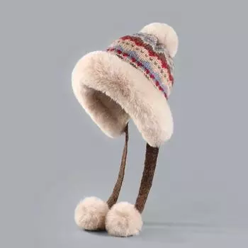 Women Winter Wool Knitted Bomber Hat Warm Thicken Outdoor Sking Pilot Earflap Russian Cap Ushanka Fur Fluzzy Luxury Hairball Hat 54-58cm