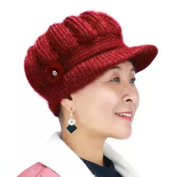 Женская зимняя шерстяная вязаная шапка, плюшевые шапки для среднего возраста, шапки для пожилых людей, утолщенные, элегантные, мягкие розовый