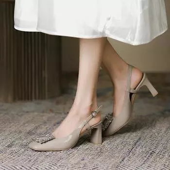 Женщины на толстых каблуках, Высокие каблуки, Новый женский летний стиль со стразами, Туфли Мэри Джейн, Полая квадратная голова, Высокие каблуки, Сандалии, Женщины 34 зелёный