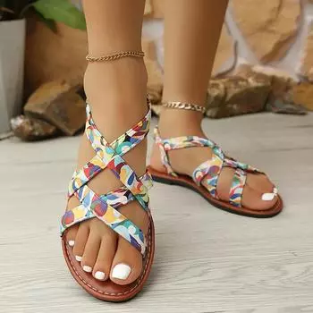 Women Woven Hollow Sandals Summer 2025 New Casual Flat Sandals Fashion Walking Lightweight Dress Shoes Femme Sandalias De Mujer 36