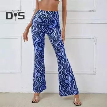 Women Yoga Pants High Waist Water Wave Striped Print Casual Trousers Running Cycling Flared Leggings Loungewear M красный