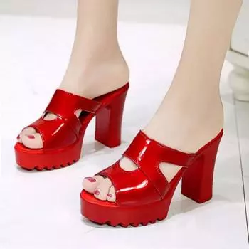 Womens 2024 New High-heeled Slippers Summer Indoor Solid Color Simple Home Open-toed Thick-soled Sandals Versatile Mujer Zapatos 35 чёрный