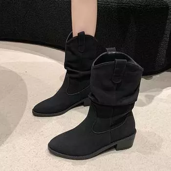 Womens Ankle Boots Outdoors Slip-on 2024 High Quality Pointed Toe Medium Heel Shoes Solid Color Women s Boots Botines De Mujer 35 чёрный