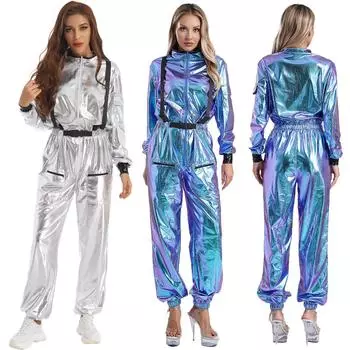 Womens Astronaut Costume Metallic Jumpsuit Mock Neck Long Sleeve Zipper Bodysuit Cosplay S серебряный