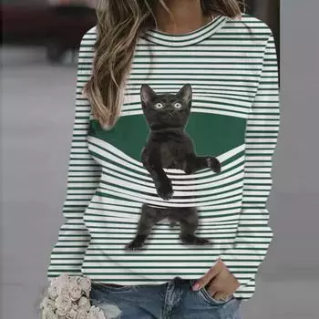Womens Casual Crewneck Cartoon Cat Striped Loose Soft Long Sleeve Pullover Tops S