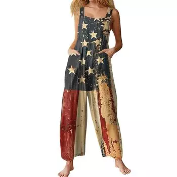 Womens Casual Overalls Jumpsuits Adjustable Straps Sleeveless Independence Day Print Comfy Rompers With Pocket L чёрный