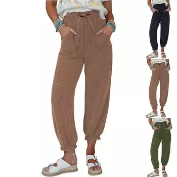 Womens Casual Pants Drawstring Textured High Waisted Ribbed Fall Long Carrot Baggy Trousers with Pockets L чёрный