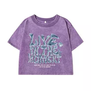 Womens Cotton Crop Washed T-Shirts Live In The Moment Letter Prints Short Sleeve O-Neck Distressed Oversize Tops Clothes M