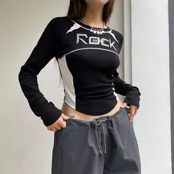 Женские топы с круглым вырезом, модный буквенный принт, длинный рукав, облегающая футболка, повседневная блузка, уличная одежда S чёрный