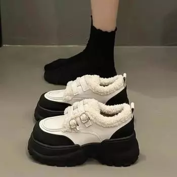 Womens Derby Shoes Clogs Platform British Style Casual Female Sneakers Loafers With Fur Round Toe Shallow Mouth Leather Creepers 35 чёрный