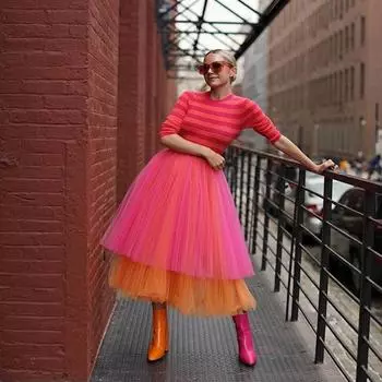 Womens Elastic High Waist Pleated Midi Tulle Skirts S оранжевый