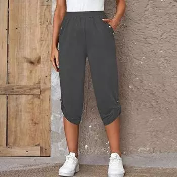 Womens Elastic Waist Crop Sweatpants with Pocket Loose Casual Summer Capris Rolled Bottoms Cropped Pants XXXL чёрный