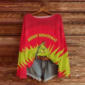 Womens Fall Sweaters Long Sleeve Print Tops Pullover Sweaters Loose Dressy Casual Basic Clothes XXL красный