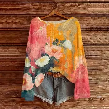 Womens Fall Sweaters Long Sleeve Print Tops Pullover Sweaters Loose Dressy Casual Basic Clothes XXL оранжевый