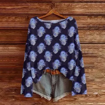Womens Fall Sweaters Long Sleeve Print Tops Pullover Sweaters Loose Dressy Casual Basic Clothes XXL синий