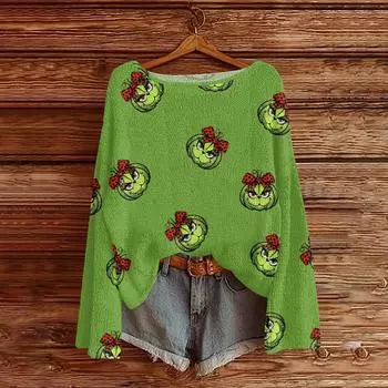 Womens Fall Sweaters Long Sleeve Print Tops Pullover Sweaters Loose Dressy Casual Basic Clothes L армия зеленый